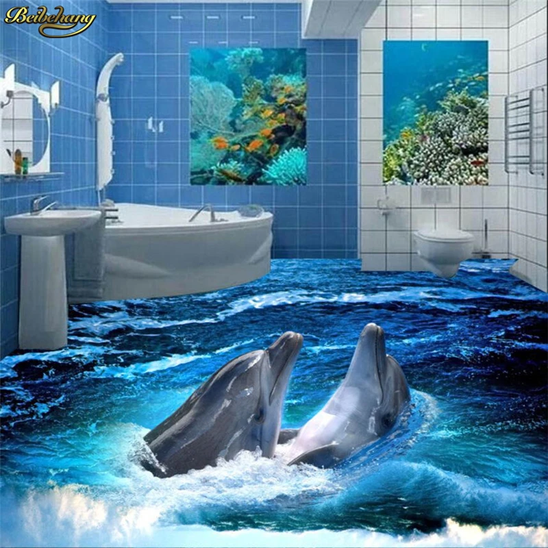 

beibehang Custom photo floor painted wall wallpaper dolphin 3D stereo bathroom floor decoration painting papel de parede