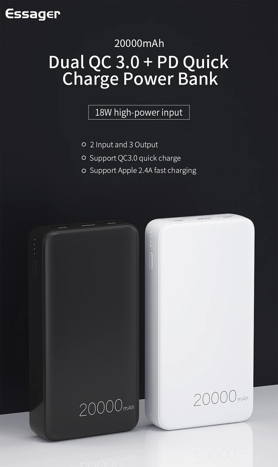 Essager, 20000 мА/ч, зарядное устройство, быстрая зарядка, QC 3,0, usb type C, PD, зарядное устройство для Xiaomi Mi, samsung, портативное зарядное устройство, внешняя батарея