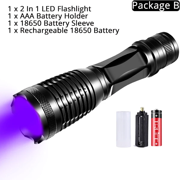 Package B 2в1 УФ-Фонарик светодиодный тактический фонарь Linternas 395nm Ультрафиолетовый детектор мочи для кемпинга домашних животных - Испускаемый цвет: Package B