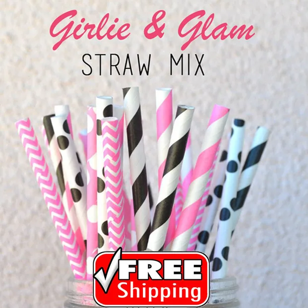 

200 Pcs Mixed 4 Designs Girlie And Glam Themed Paper Straws-Black,Hot Pink-Stripe,Dot,Chevron-Girls Birthday Party,Children,Bulk