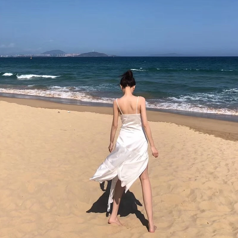 Women's Clothing Dresses summer new solid white dress long dresses sexy vintage Irregular spaghetti strap v-neck | Женская одежда