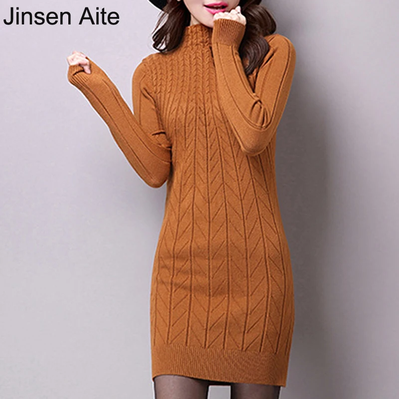 

Jinsen Aite New Autumn Winter Thick Sweater Dress Turtleneck Wool Bottom Knitting Slim Full Sleeve Casual Office Dress Hot JS210