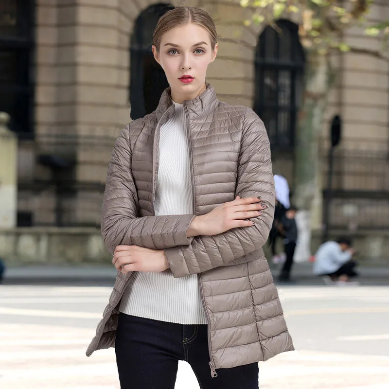 Женское пальто 90% белый утиный пух длинная куртка 4XL легкое тонкое однотонное
