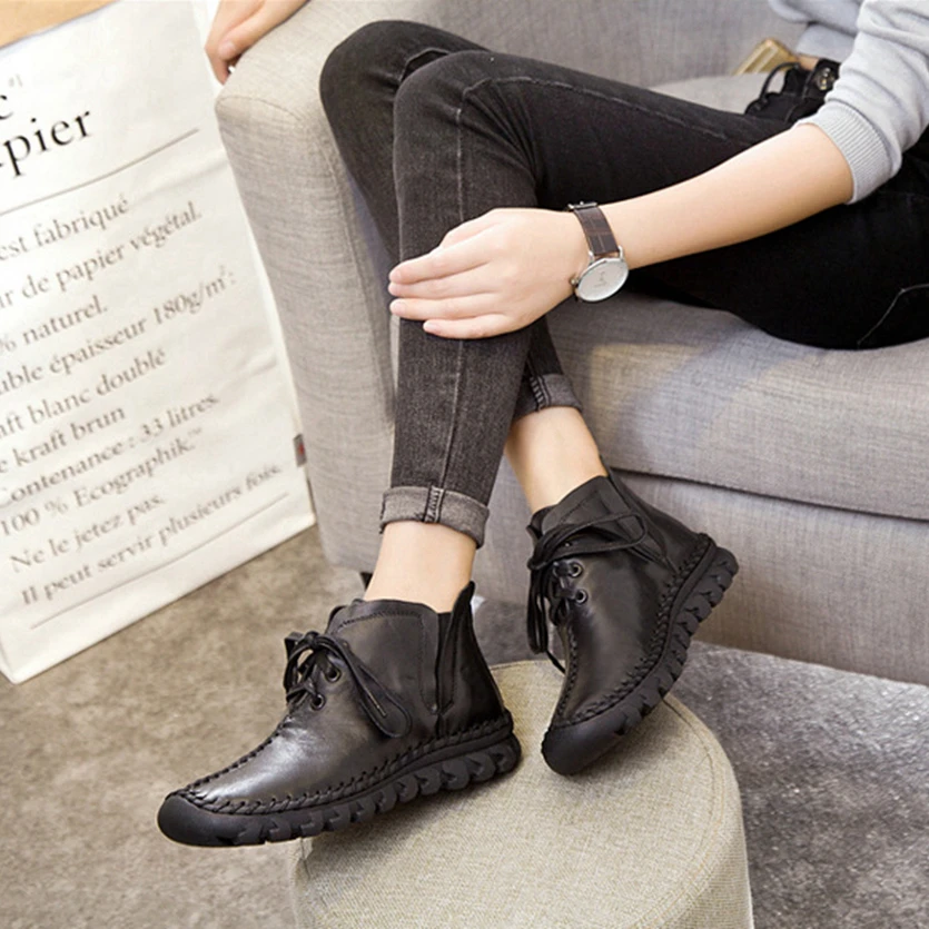 Для женщин ручной работы Ботильоны полусапожки обувь на шнуровке женские