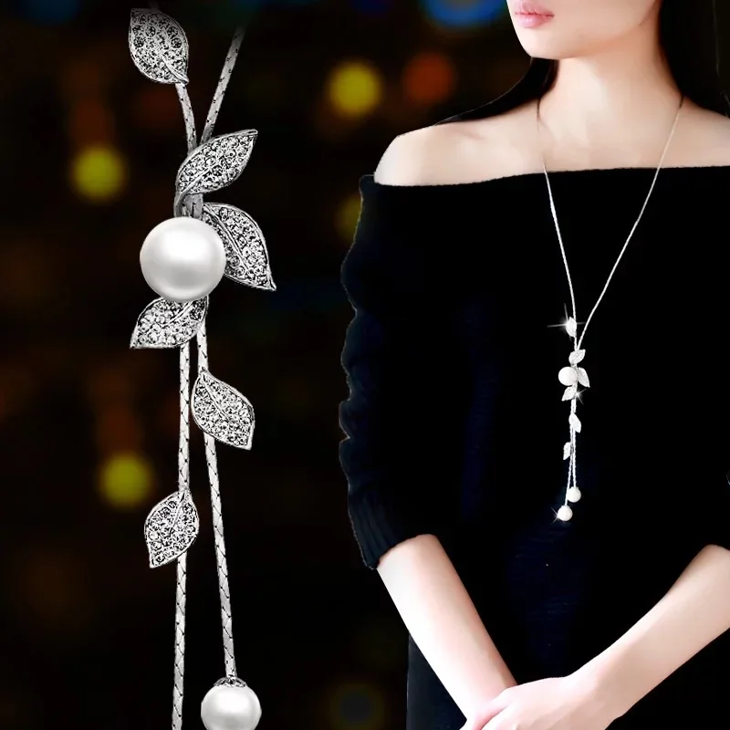 Leaf pearl Meyfflin Collier Femme, длинное ожерелье с искусственным жемчугом, модное женское колье Снежинка с кристаллами, подвеска, ювелирная цепочка, бижутерия, подарки - Окраска металла: Leaf pearl
