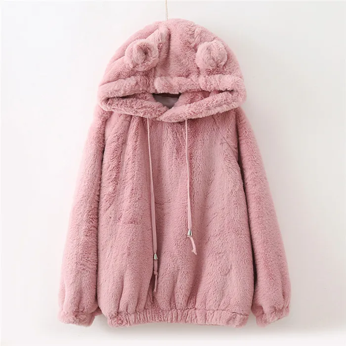 Pink Мягкая толстовка с капюшоном Harajuku kawaii, мягкий зимний пуловер, женская толстовка с медвежьими ушами, симпатичная куртка с капюшоном, студенческая аниме-рубашка - Цвет: Pink