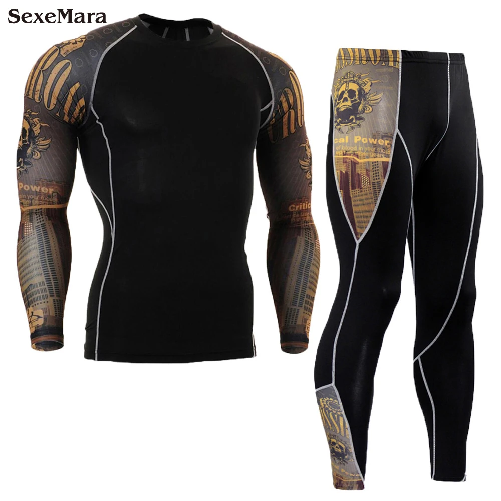 Мужской компрессионный комплект для бега трико бодибилдинга рубашка с длинным