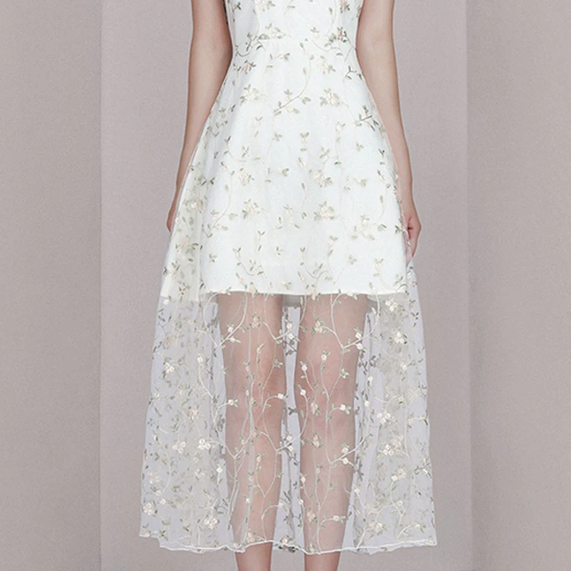 Max Spri 2019 New Style Women Dress V Neck Floral Spaghetti Strap Sleeveless Lace Up A-line Summer White Office Lady | Женская одежда