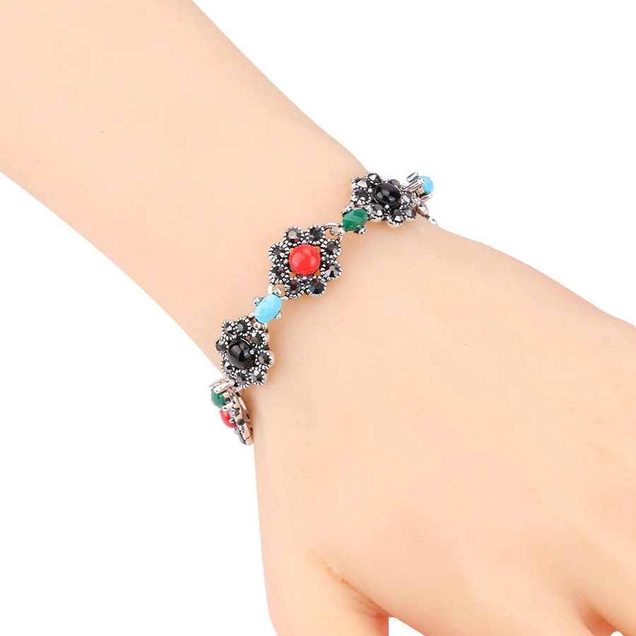 Kinel браслет с шармами для женщин серебристые черные кристаллы цветок Ретро