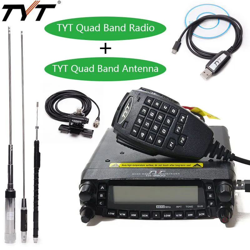 TYT TH-9800 Plus Quad Band 50 Вт Автомобильная Мобильная радиостанция рация с оригинальной TYT TH9800 Quad Band антенна TH 9800 радио - Цвет: Add tyt antenna