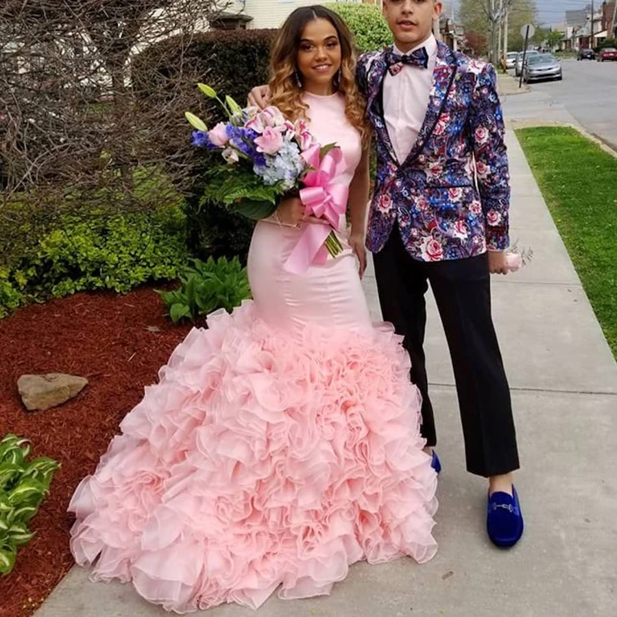 Pink Two Piece Prom Dresses 2019 Satin Flowers Mermaid Ruffles Formal Evening Party Gown Plus Size Special Occasion Dress DP0283 | Свадьбы и