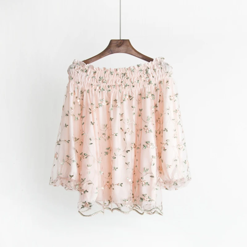 Женская сетчатая рубашка с цветочной вышивкой короткая блузка рукавом-фонариком