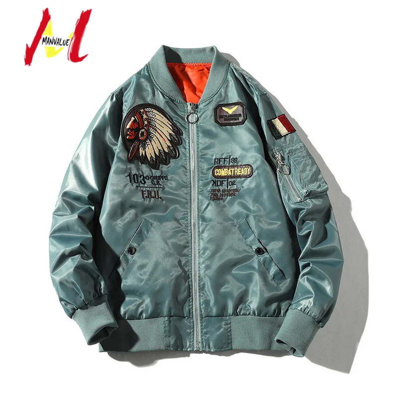MANVALUE Американский рекреационный мужской тонкий MA-1 Air Force Pilot костюмы форма с воротником-стойкой джинсовый жакет с вышивкой