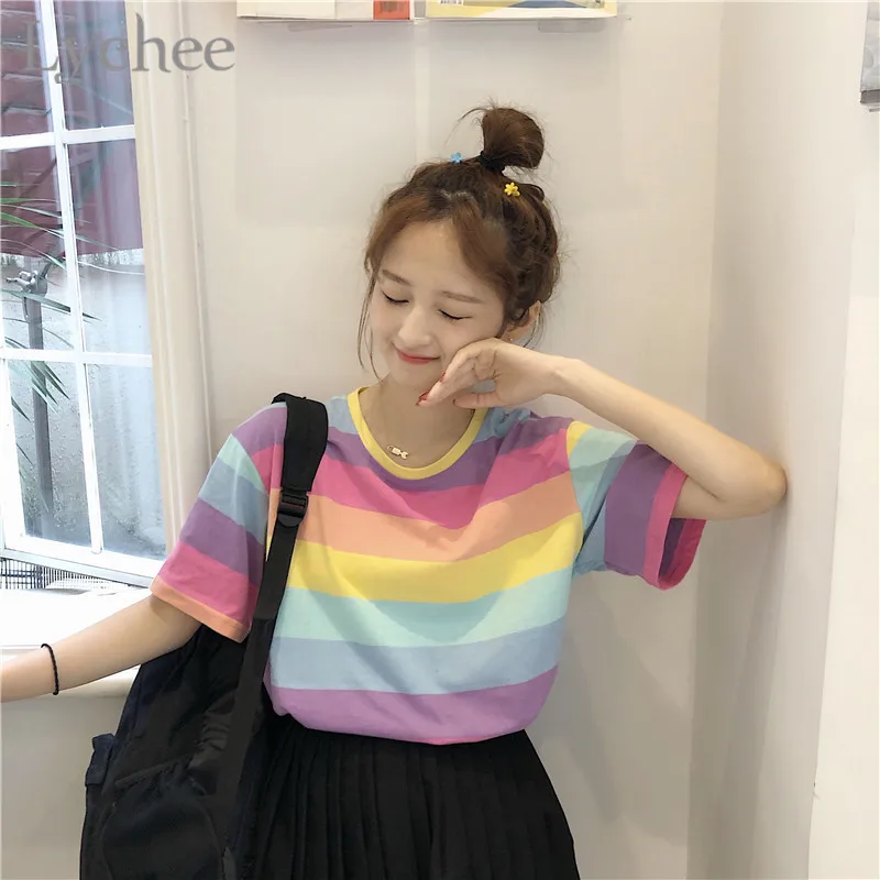 Lychee Harajuku Радужный полосный цветной блок женская футболка футболки с круглым вырезом короткий рукав хит цвет женские футболки футболка