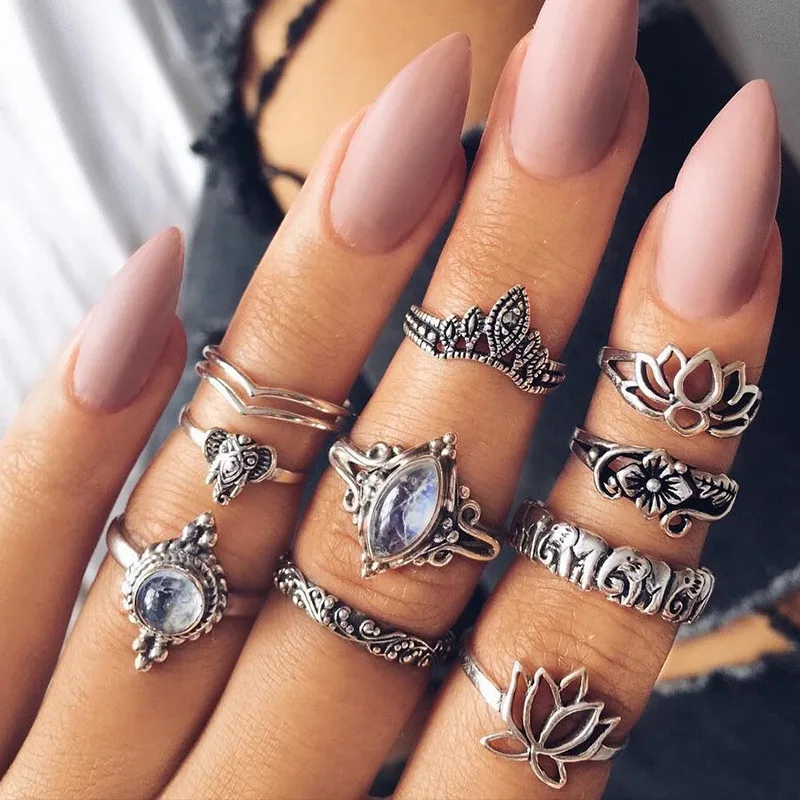 

10pcs / set Flower Gold Color Midi Ring Sets for Women Silver Color Turkish Boho Beach Vintage Punk Elephant Knuckle Ring