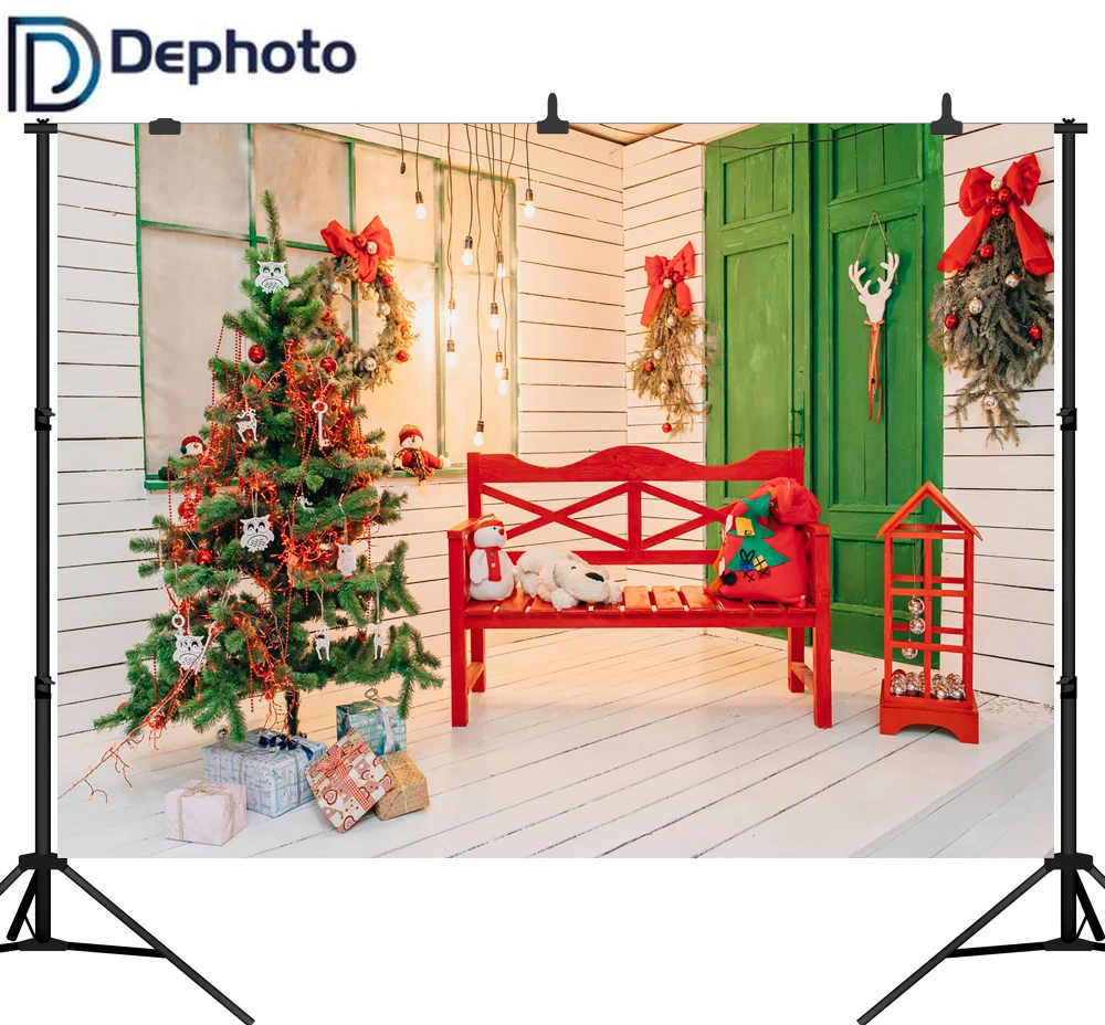 

Dephoto Christmas Tree Wooden Wall Red Bench Baby Photography Backgrounds Customized Photographic Backdrops For Photo Studio