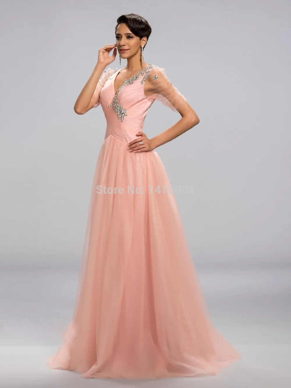 29New Arrival Sexy A Line Deep V Neck Prom Gowns Cap Sleeve Backless Chiffon Sequin Crystals Beading Elegant Party Dress | Свадьбы и