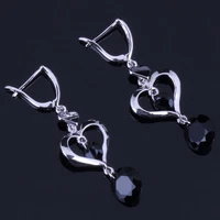clean heart shaped round black cubic zirconia silver plated drop dangle earrings v0828