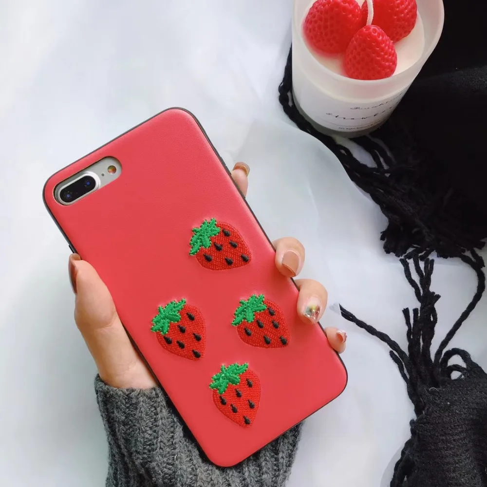Fashion Artsy Korean Exquisite Fresh Embroidery Fruit Strawberry Cherry Candy Color Warm Phone Case For IphoneXS/6/7/8plus |