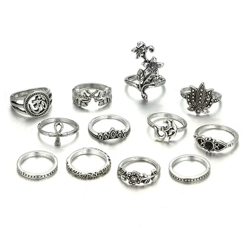 12 шт./компл. Ретро Богемия Совместное кольцо набор крест животных цветок корона