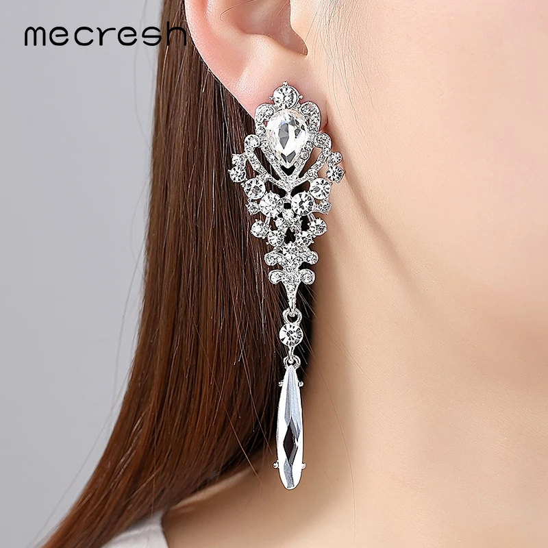 Женские серьги сердечко серебряного цвета Mecresh длинные с кристаллами для