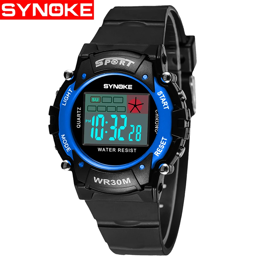 Blue SYNOKE детские часы детские цифровые часы для мальчиков светодиодный Дата часы спортивные водонепроницаемые ударные Желтые часы подарок для девочек - Цвет: Blue
