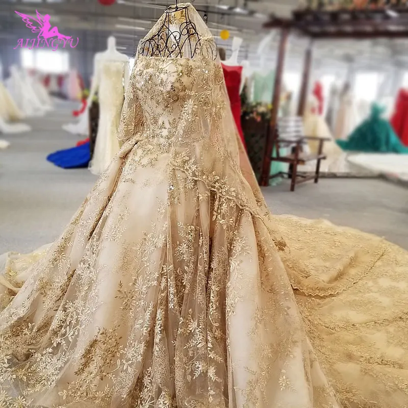 AIJINGYU Simple Bride Dresses Bridal Plus Size With Sleeves Moroccan French Lace Gown With Long Train Dress For The Wedding