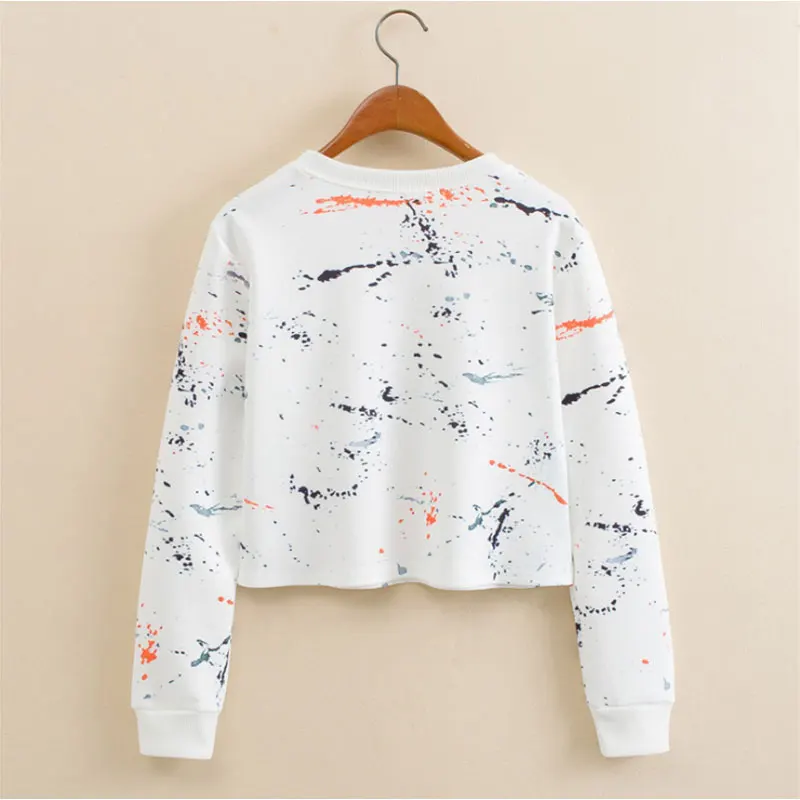 

2018 Fashion Autumn Blue Letter Harajuku Graffiti Print Pullover Long Sleeve Space Cotton Women Short Crop Hoodies Sweatshirts