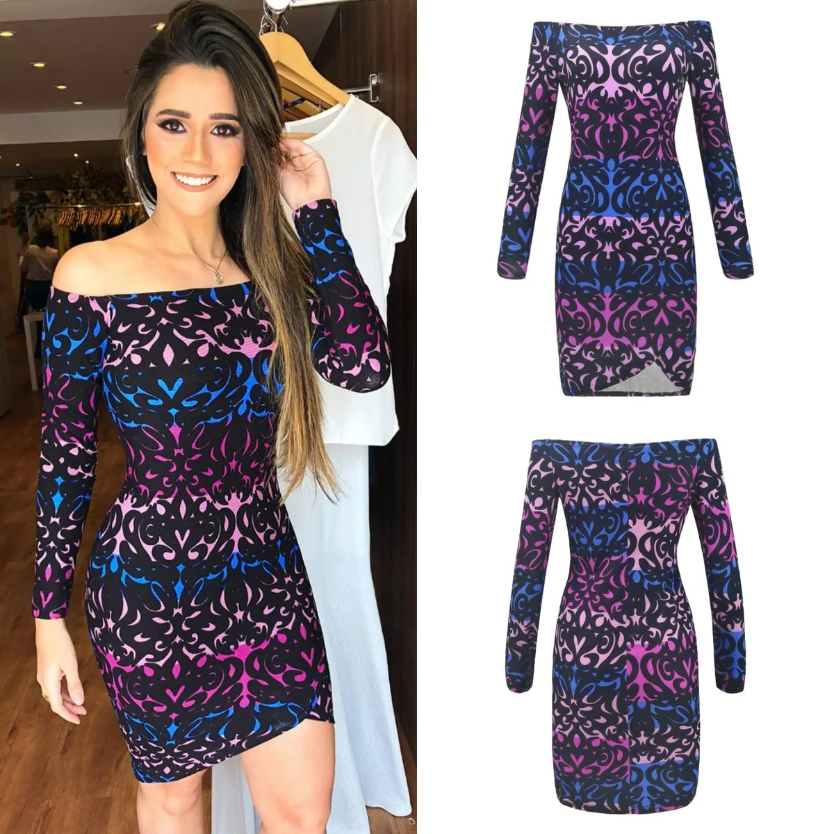 2018 Новое поступление Для женщин Printed Sheath платья с открытыми плечами одежда