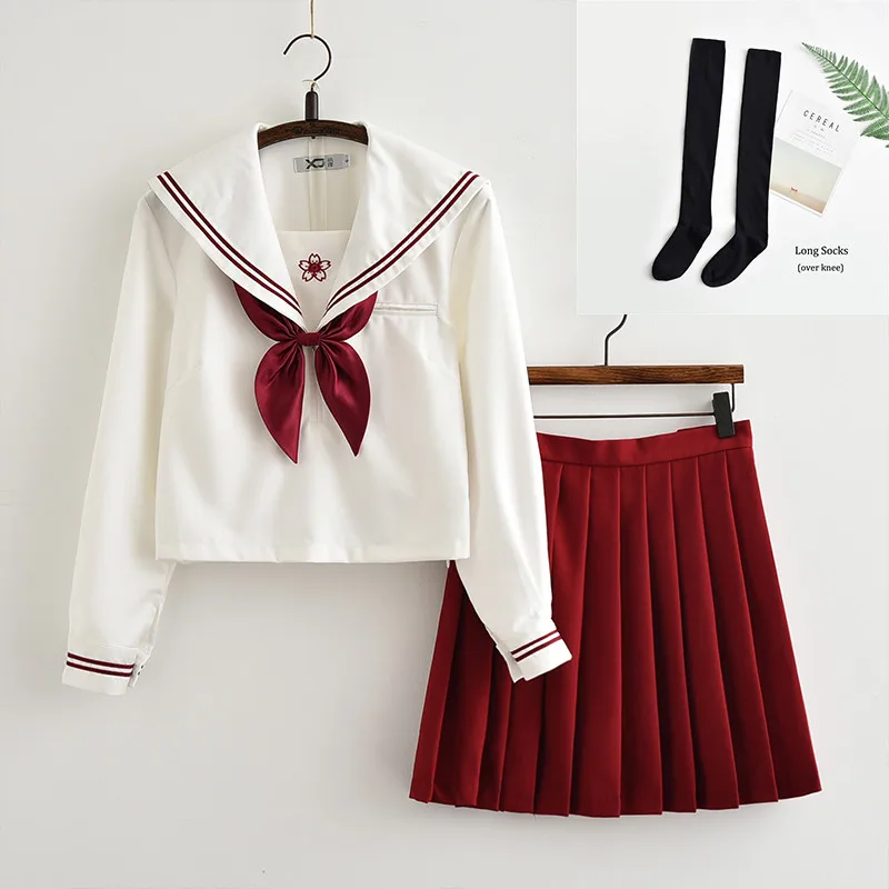 Long Set With Socks UPHYD Sakura вышивка японский JK наборы школьная форма для девочек с длинным рукавом средней школы для женщин Новинка матросские Костюмы Униформа - Цвет: Long Set With Socks