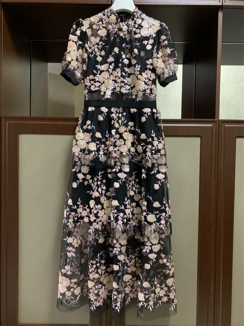 Женское платье с вышивкой и блестками длинное вечернее высокой талией коротким