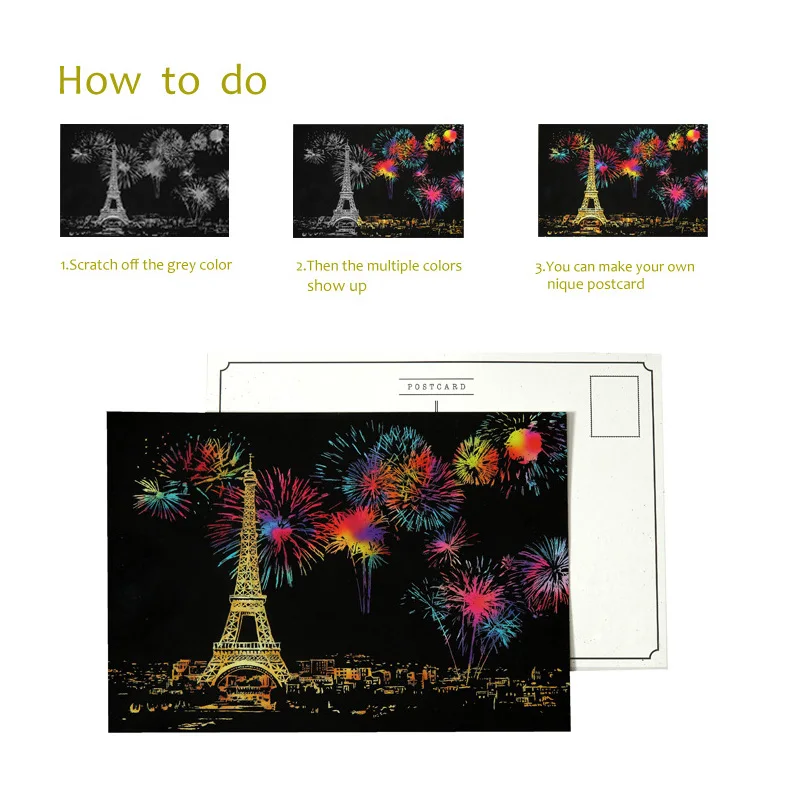 4pcs 20*14cm Postcard Magic Scraping Painting And 1pc Bamboo Drawing Stick City Night Scene Animal Flower Creative Birthday Gift | Игрушки и