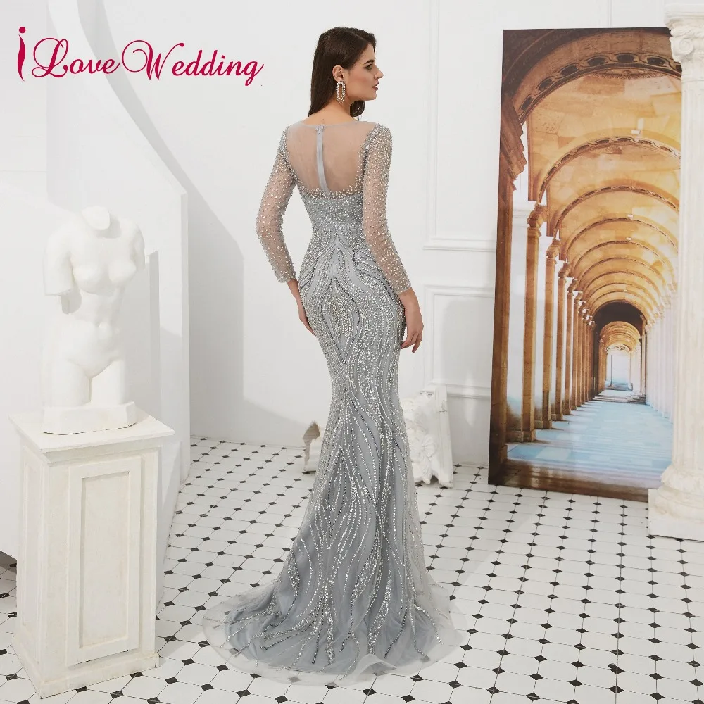 ILoveWedding, роскошное вечернее платье, прозрачное, с хрустальным бисером, с длинным рукавом, на заказ, серое, длинное, официальное, вечернее платье, настоящая фотография