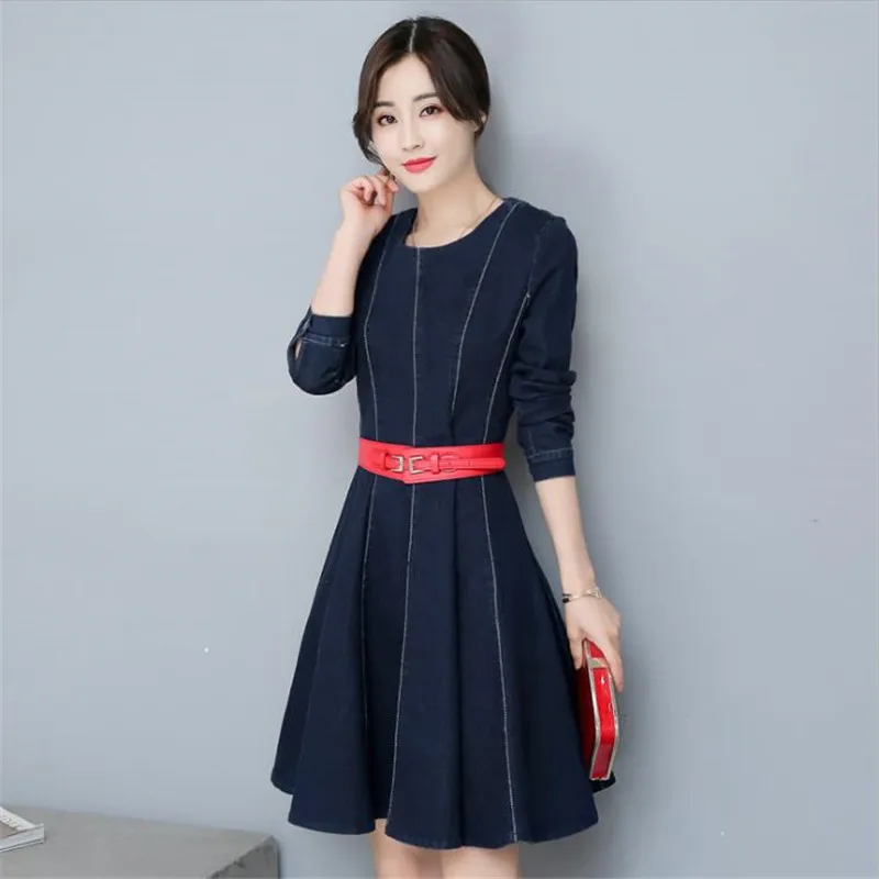 Женское винтажное джинсовое платье трапециевидной формы с круглым вырезом и