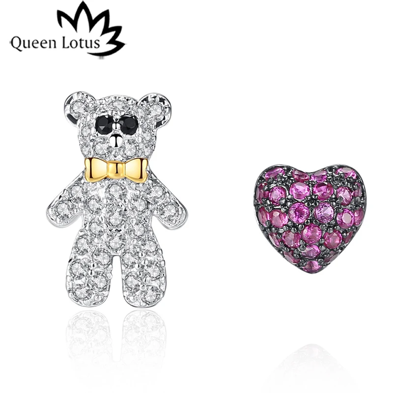 Женские маленькие серьги Queen Lotus корейские модные с милым медвежонком и сердечком