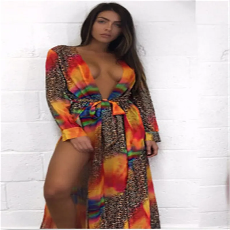 Пикантное пляжное бикини с принтом накидка для женщин длинное летнее платье