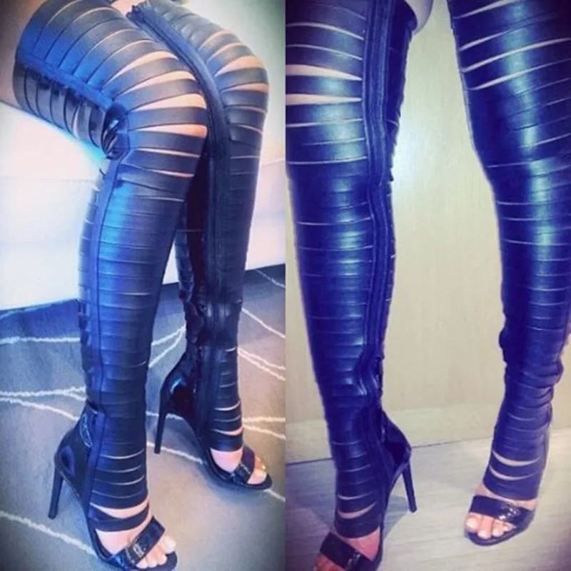 Над Коленом Новый Высокие Сапоги Женщин Сандалии Полые Peep-toe Обувь Сексуальная