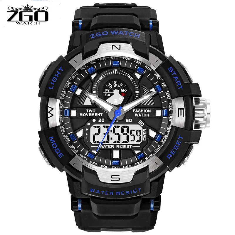 ZGO спортивный светодиодный дисплей для мужчин Водонепроницаемый Dual Time наручные