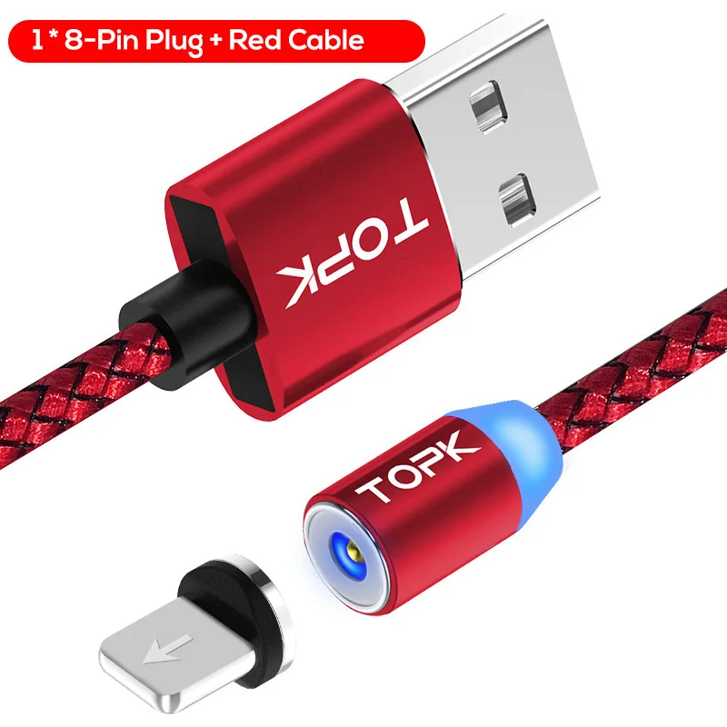 TOPK AM17 светодиодный магнитный USB кабель/Micro USB/type-C для iPhone X Xs Max магнитное зарядное устройство для samsung Xiaomi Pocophone USB C - Цвет: 8-Pin Cable Red