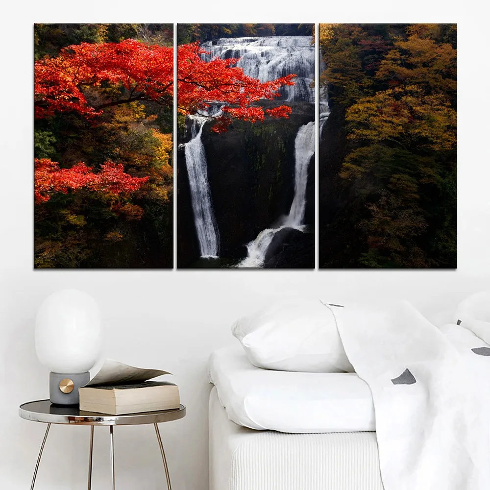 Картина Осенняя водопад деревья осадка 3 шт. стильная пейзажная картина холст