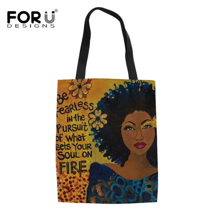 

FORUDESIGNS Art Afro Lady Girls Printing Canvas Reusable Shopping Bag Women Foldable Grocery Storage Bags Large Casual Totes Bag