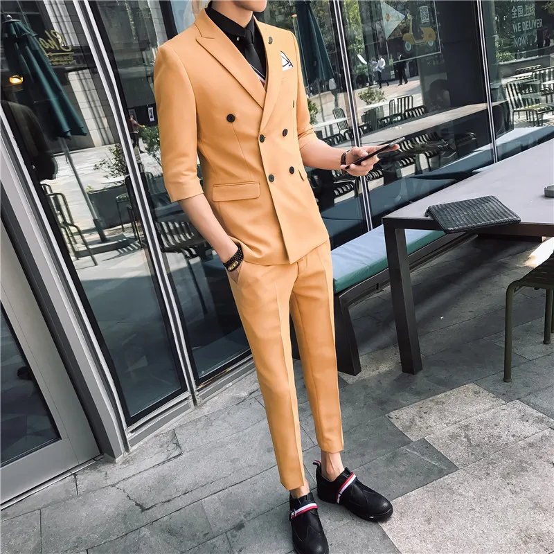 Costume Double Boutonnage Homme Man Slim Fit 3Pcs Sets Mid-sleeve Blazers+Vest+Pants/Shorts Business Casual Dress Male | Мужская одежда
