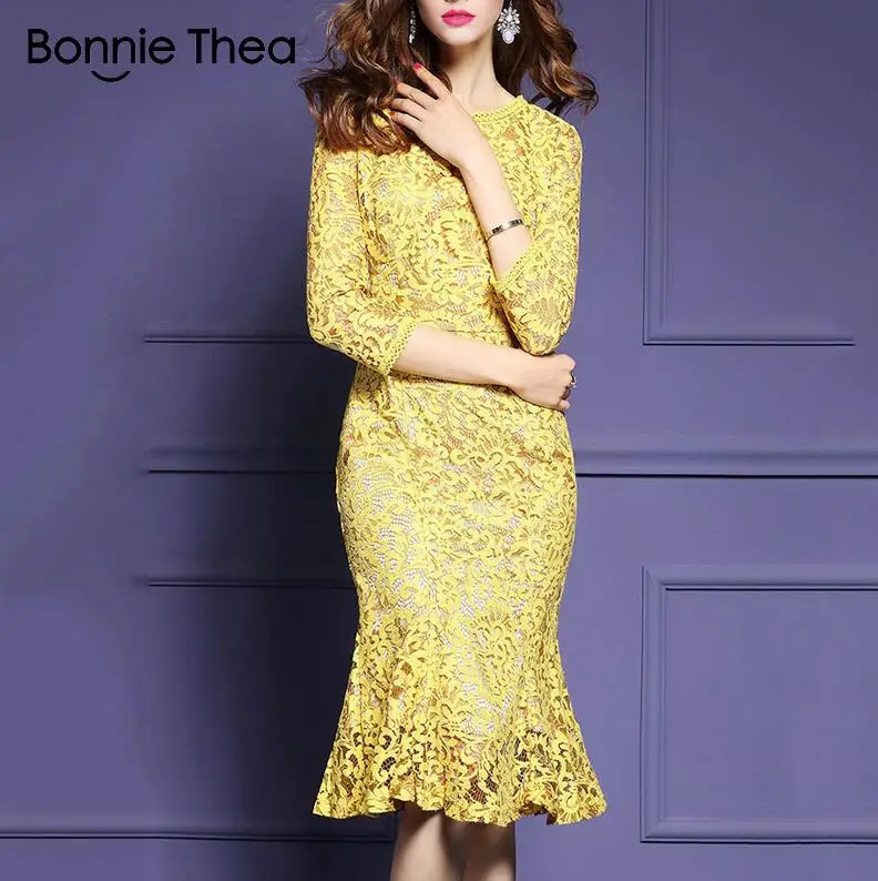 Цвет: желтый Bonnie Thea, Осеннее женское кружевное платье, женское желтое платье миди с длинным рукавом, vestido, элегантные вечерние платья для девушек, женская одежда - Цвет: Цвет: желтый