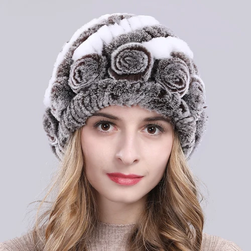 coffee and white Новые зимние шапки из меха кролика рекс женский Настоящий мех кролика Цветочные шапочки вязаная шапка ручной работы натуральная шапка из меха кролика рекс - Цвет: coffee and white