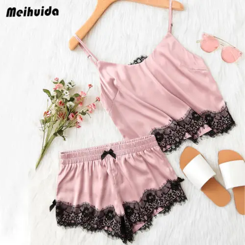 2 шт. летние Для женщин сексуальные пижамы без рукавов кружева топы и шорты