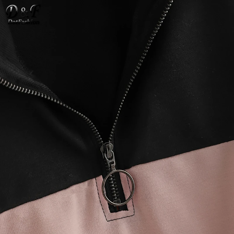 Dotfashion укороченная Женская толстовка с контрастной панелью и полумолнией, осень, повседневные минималистичные топы с воротником-стойкой и полупланкой