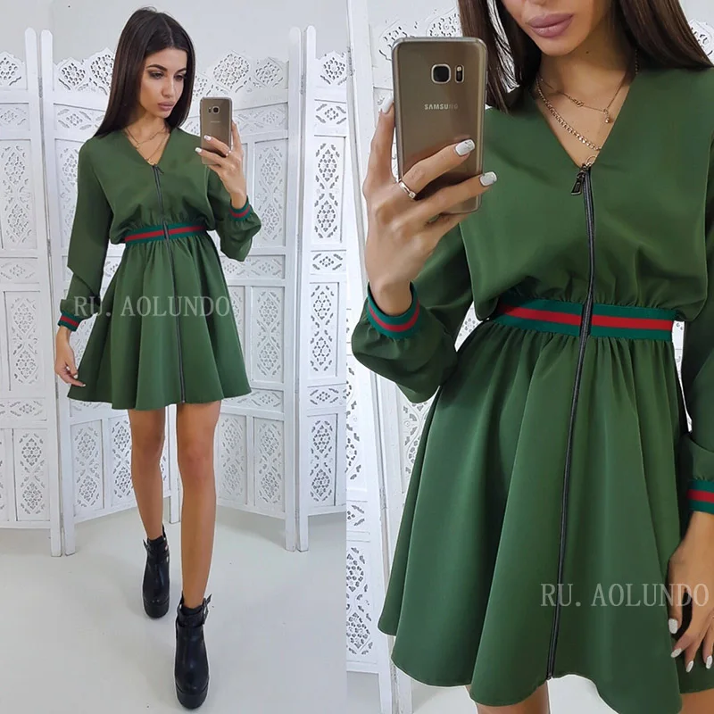 New Striped Webbing Zipper Stitching Dress Women 2019 Spring Slim V-Neck Long Sleeve Casual A-Line Mini Dresses | Женская одежда