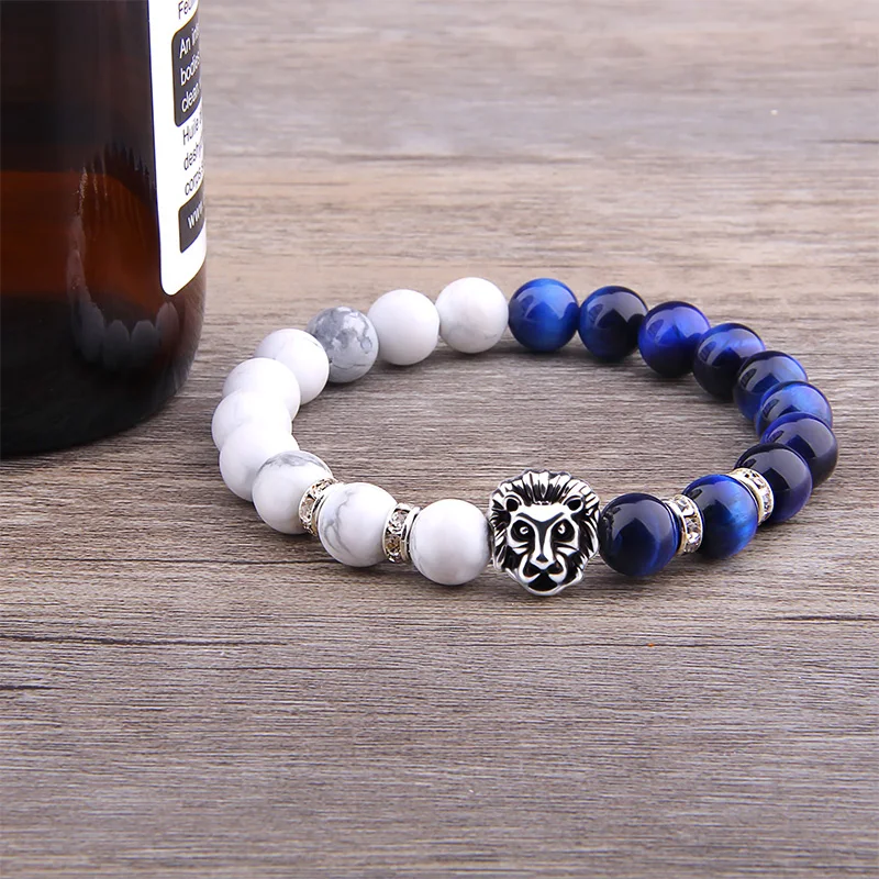 Модные мужские голова льва из серебра браслет натуральный белый бисера