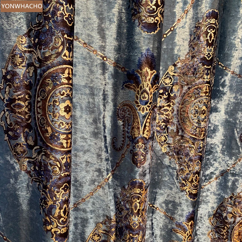 

Custom curtains European thick blue velvet bedroom balcony curtain blue Damascus flower cloth blackout curtain tulle drapes B486
