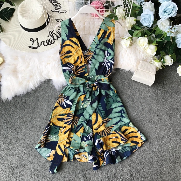 Пляжный Boho короткий женский летний комбинезон с открытой спиной и v-образным вырезом без рукавов комбинезон корейский цветочный принт плюс размер женский комбинезон